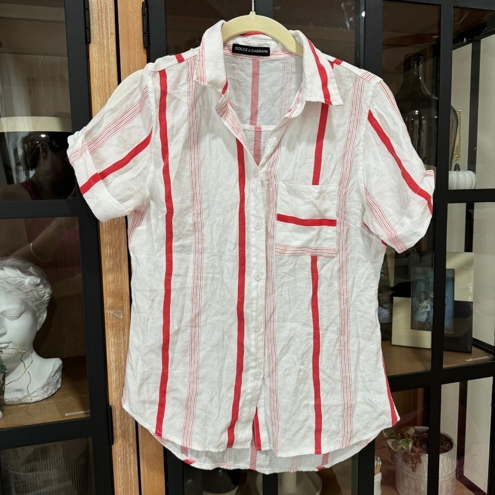 Dolce & Gabbana linen button down shirt stripes short sleeve pocket collar top